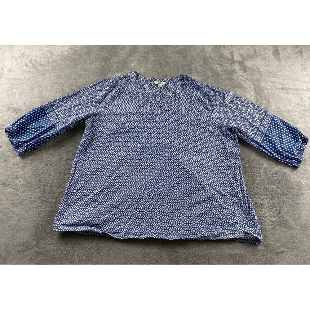 Croft & Barrow Womens PXL Blue White Geometric‎ Split Neck 3/4 Slv Blouse Petite